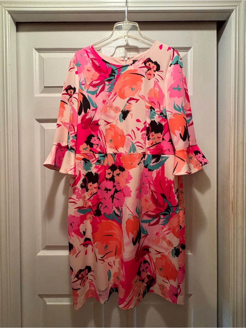 Nine West Pink & Coral Floral Midi Dress with Ruffle Sleeves